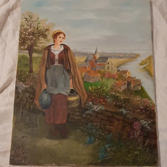 Beautiful folk Art Dutch girl, village ,flowersunframed